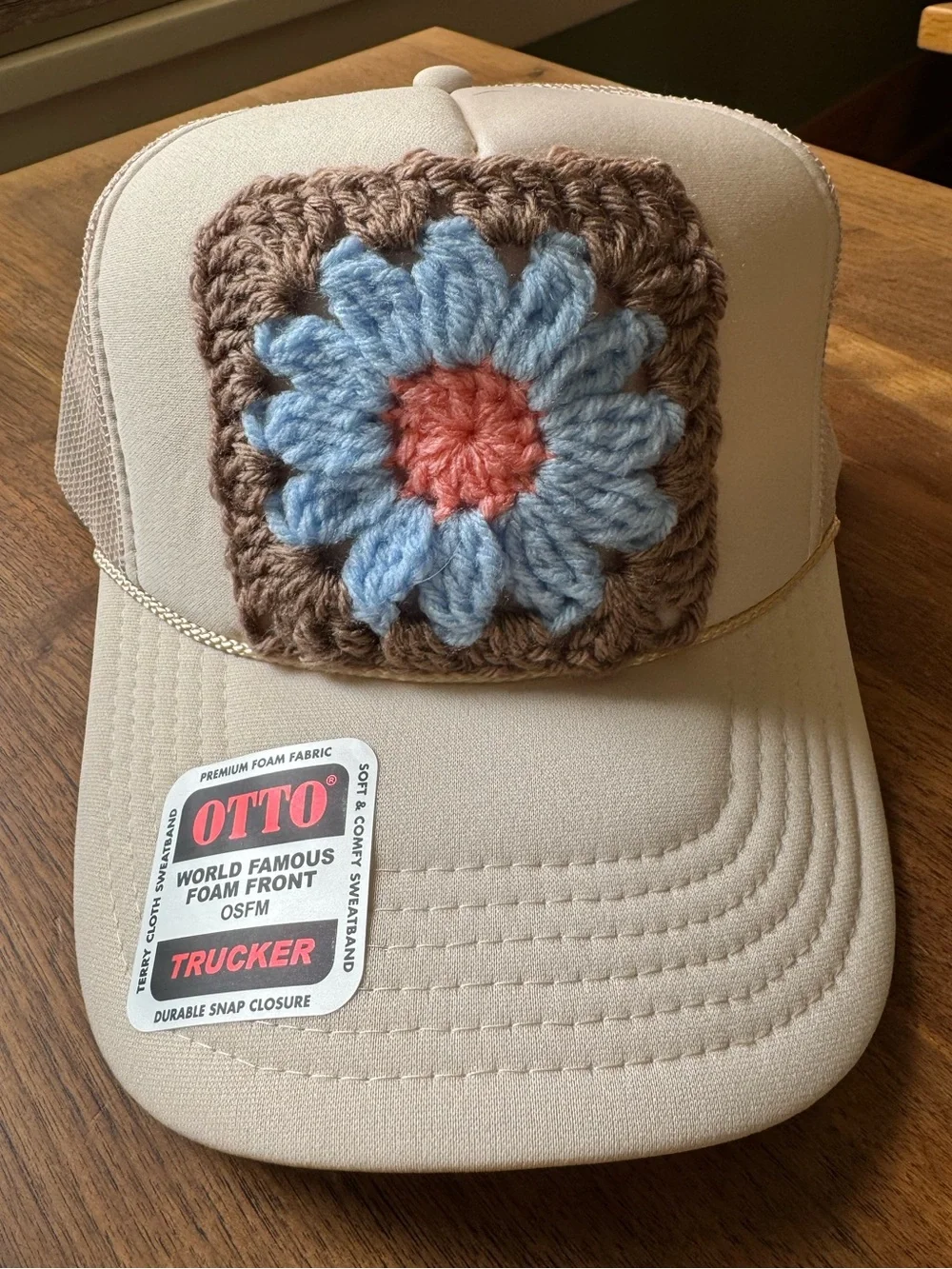 OTTO Cream Trucker Hat with Handmade Crochet Floral Granny Square Patch NWT
